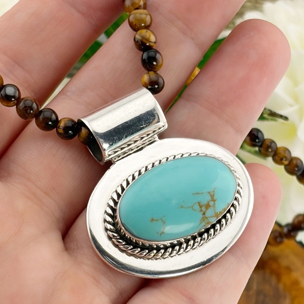Vintage Mexico Sterling Silver 925 Turquoise Pendant Necklace Southwest Western